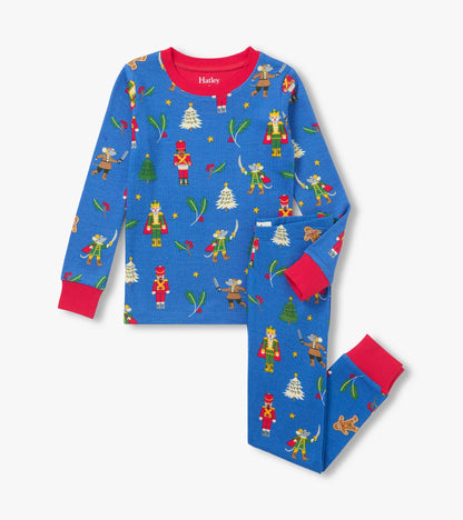 Blue boys pajama set with red trim and nutcracker, mice, holly, tree and gingerbread print