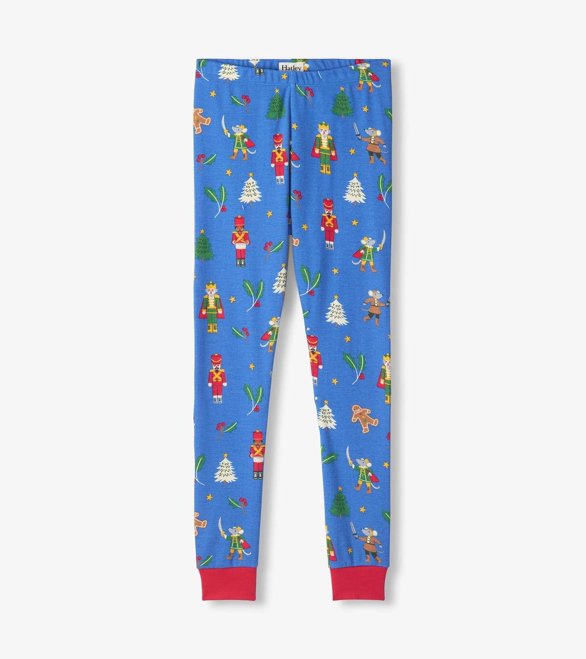 Blue pajama pants with red ankle cuffs and nutcracker, mice, holly, tree and gingerbread print