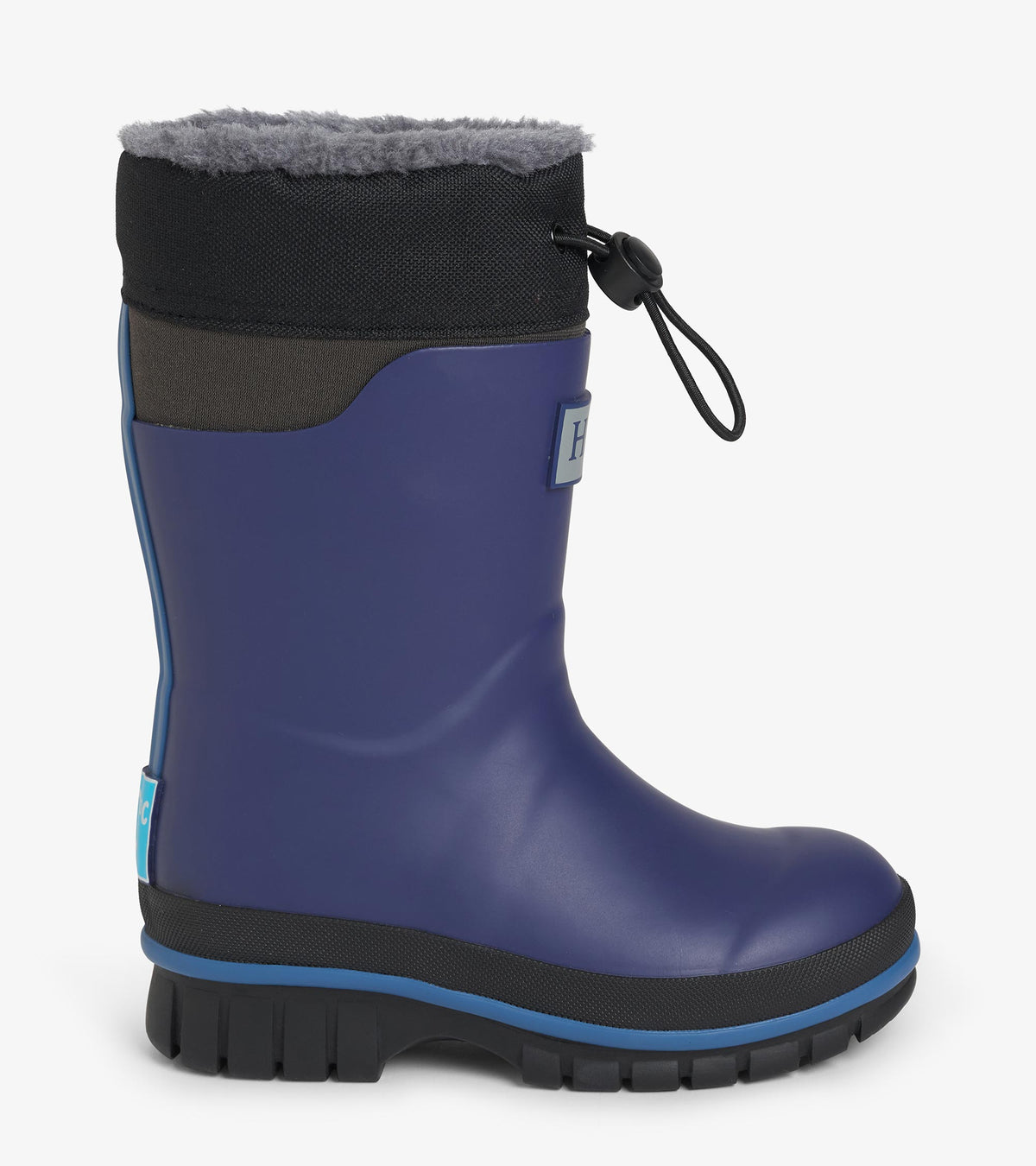 Side view of a navy Boreal boot with gray faux-fur trim, black drawcord cuff, and lug sole