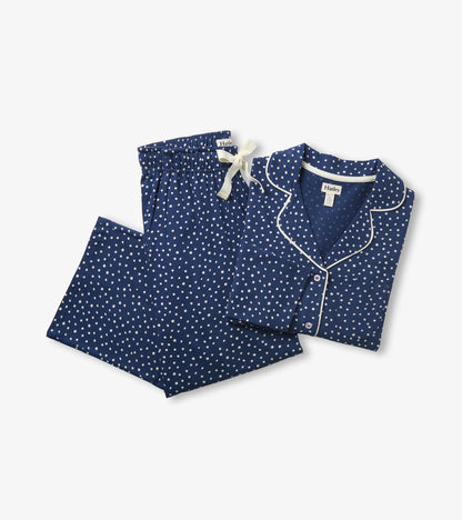 Blue polka dot pajama set with button-front long-sleeve top and matching pants with white drawstring