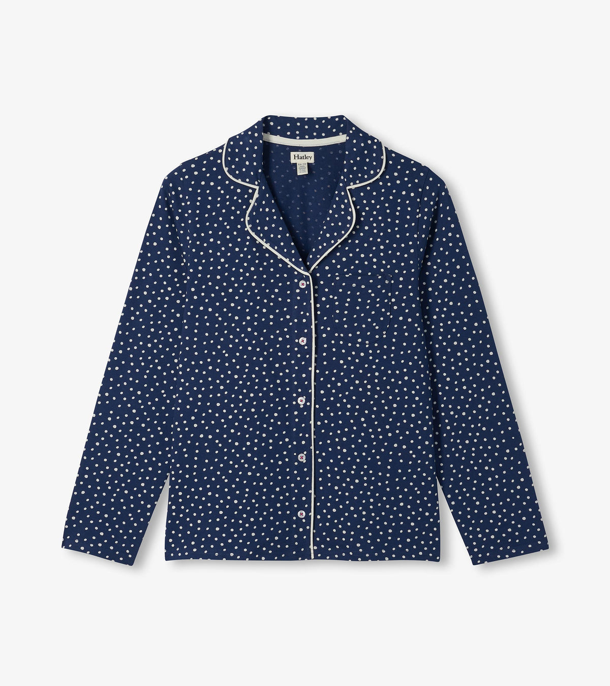 Navy polka dot pajama top with white piping, button front, and chest pocket