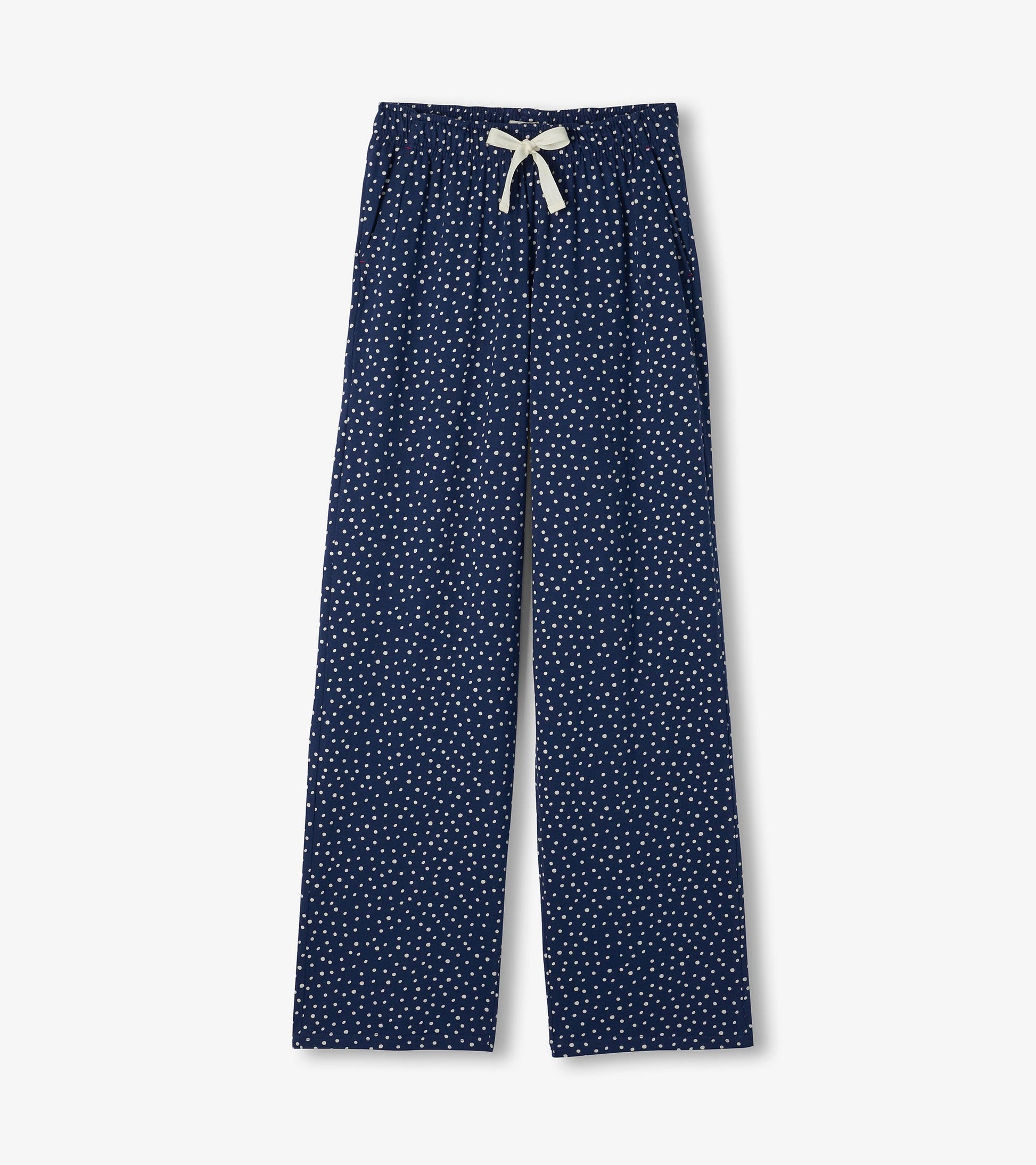 Blue polka dot pajama pants with straight legs, elastic waist, and white drawstring