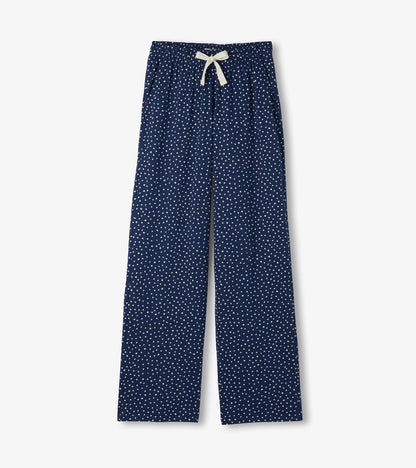 Blue polka dot pajama pants with straight legs, elastic waist, and white drawstring