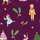 Festive pattern with a nutcracker, angels, bells, candles, wrapped gifts, and decorated Christmas trees on a purple back
