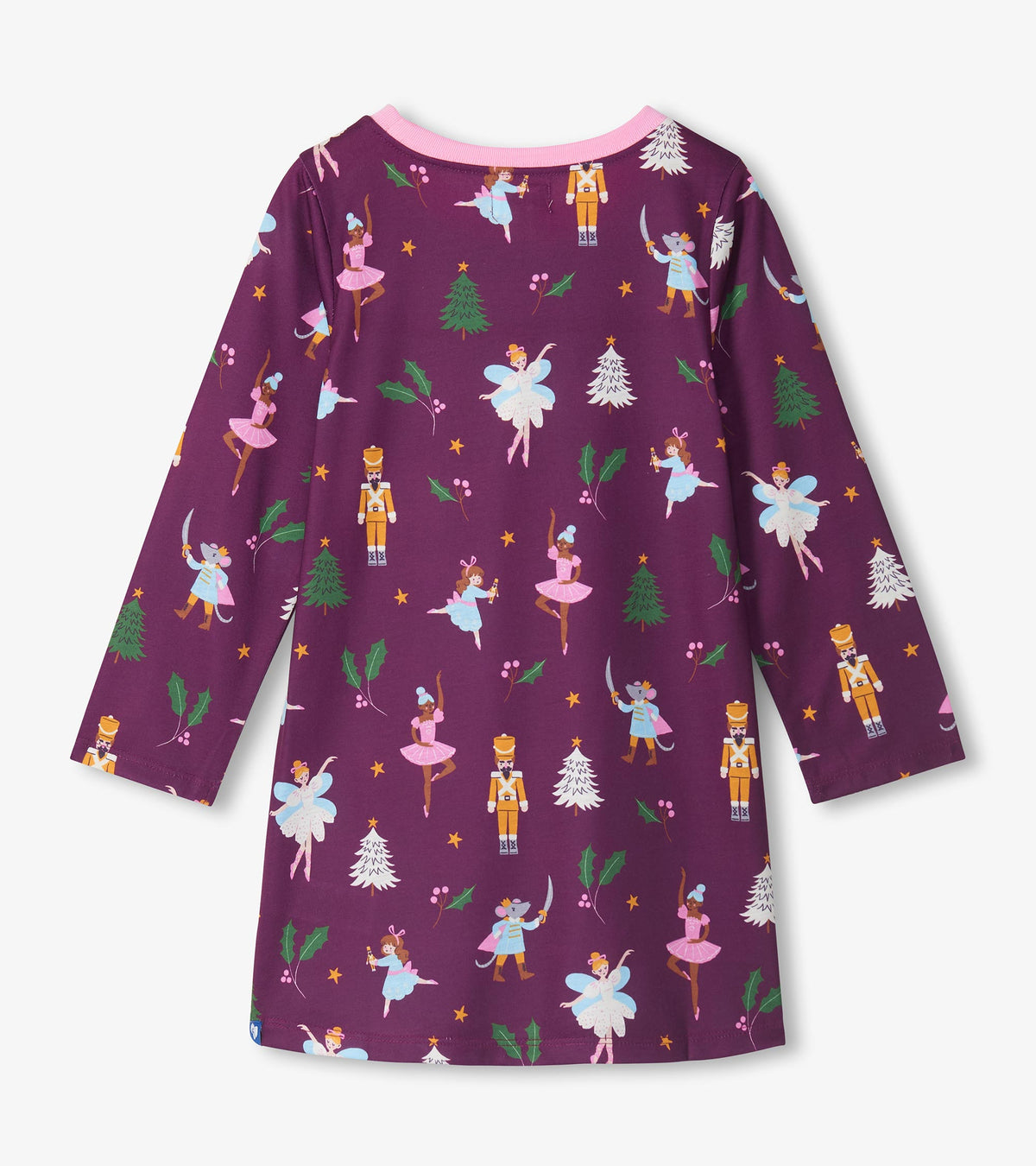 Back view of girls' purple nightdress with pink neckline and Nutcracker holiday print