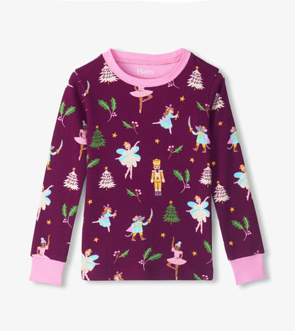 Girls long-sleeve pajama top in purple with pink trim and nutcracker, ballerina, tree, and holly print