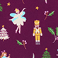Purple pattern with candy canes, Christmas trees, stars, birds, and a nutcracker