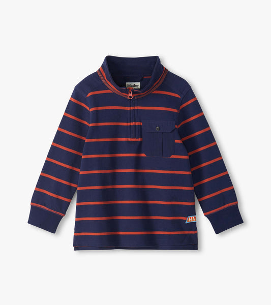 Kids navy long sleeve mock neck top with orange stripes, quarter zip, and chest pocket