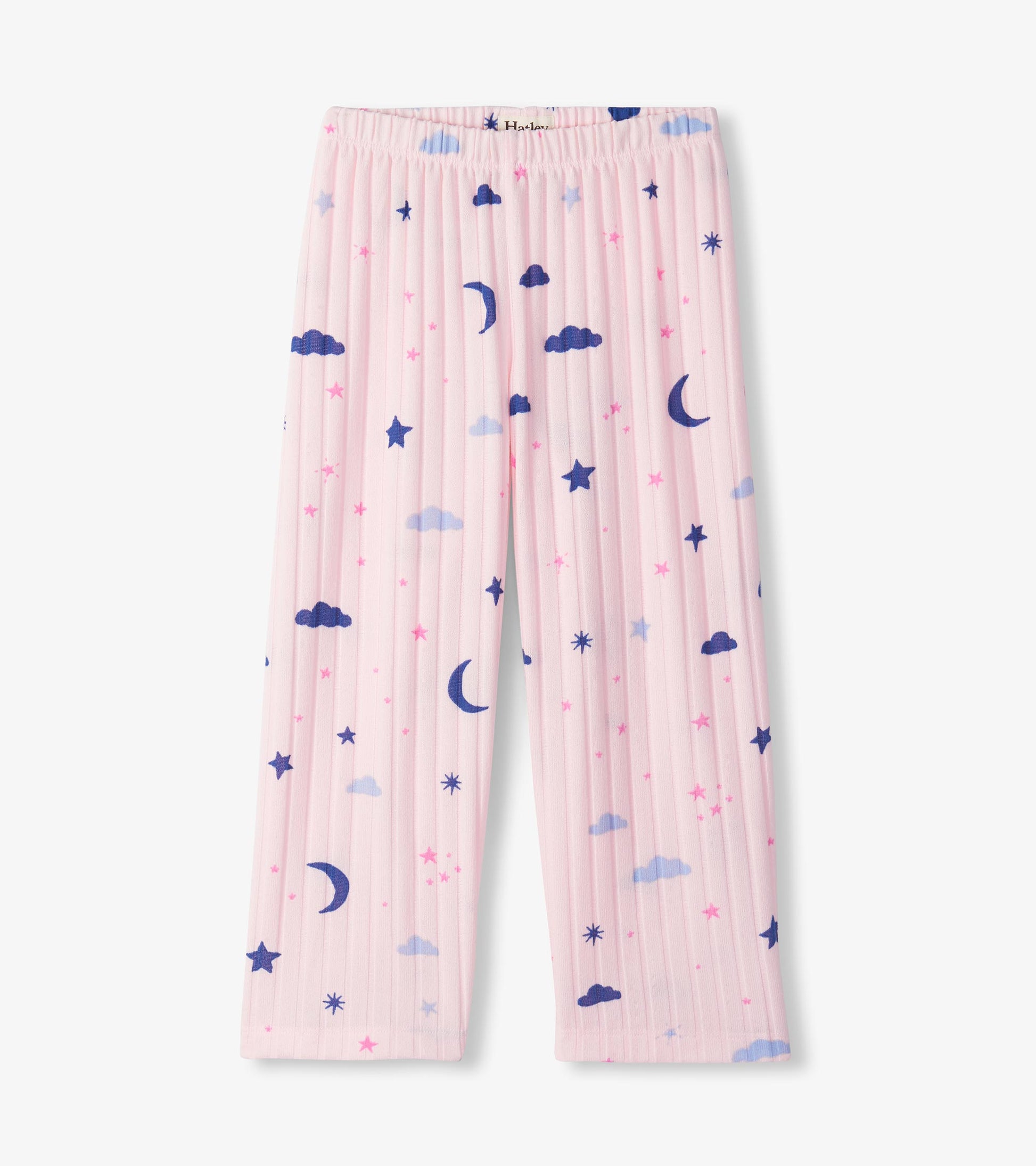 Pink pajama pants with elastic waist and moon, star, and cloud print