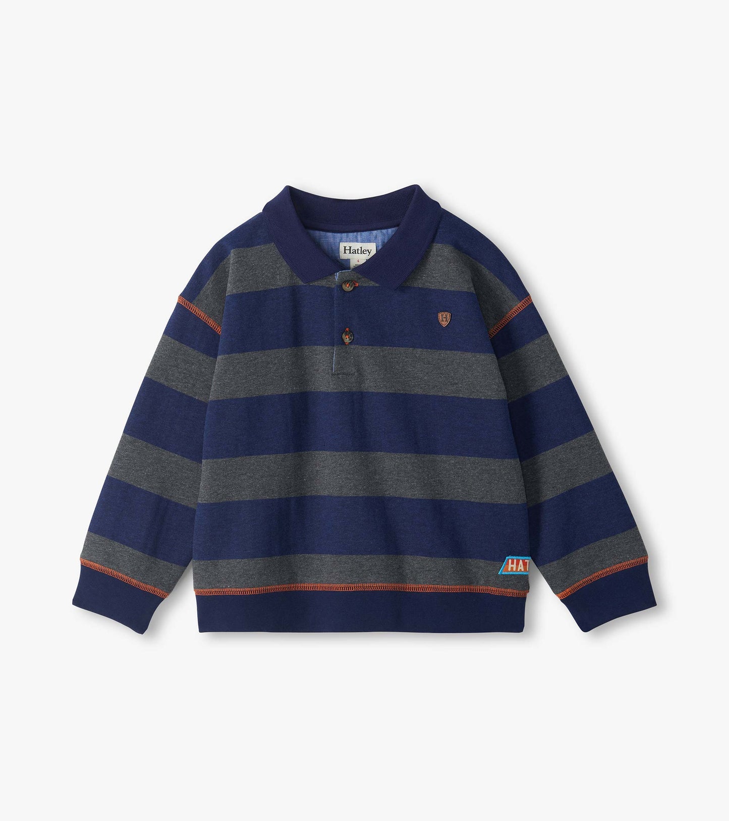 Kids long-sleeve polo sweatshirt with wide navy and charcoal stripes, button placket, and contrast stitching