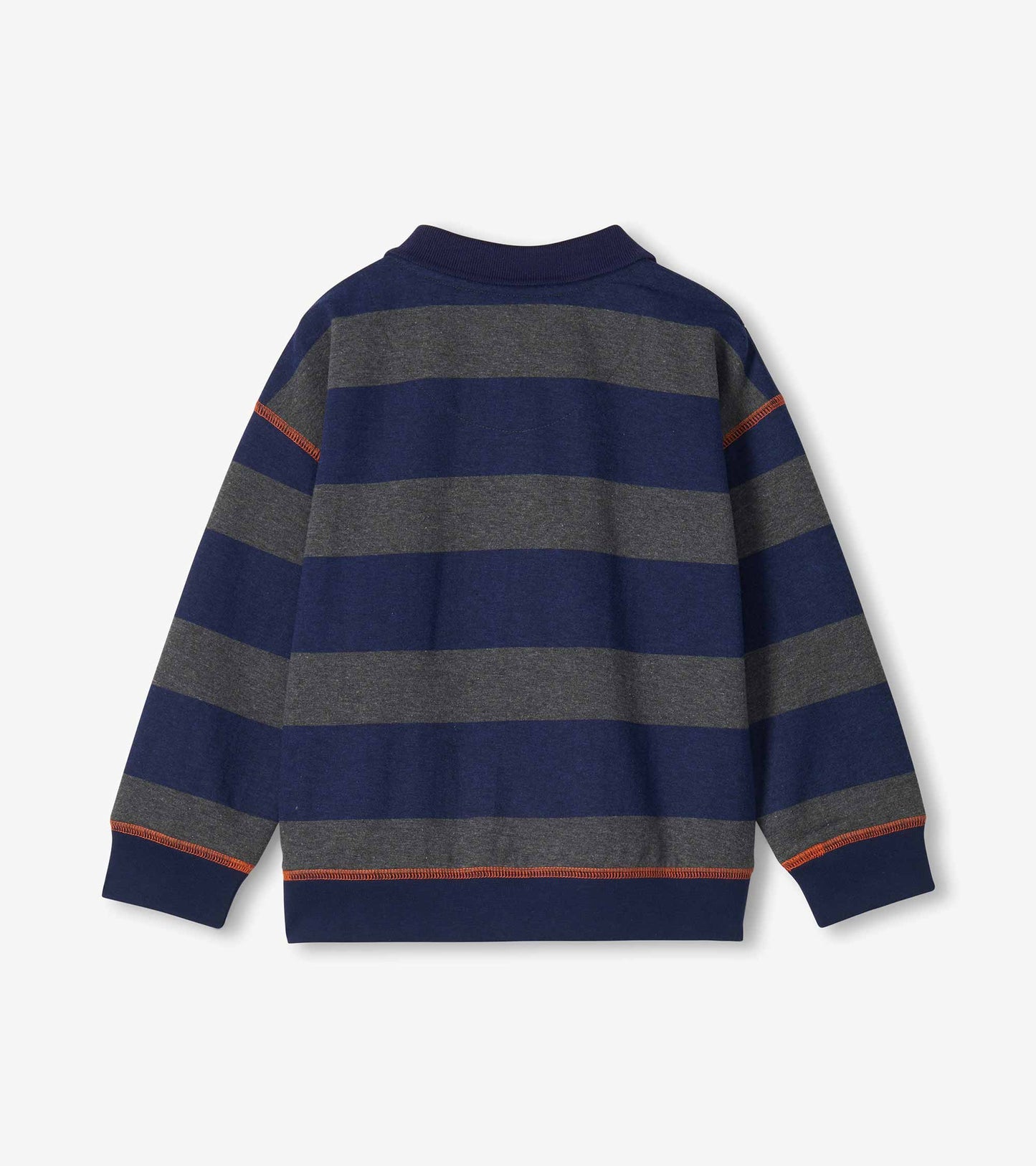 Back view of boys long-sleeve polo shirt with wide navy and charcoal stripes and orange stitching