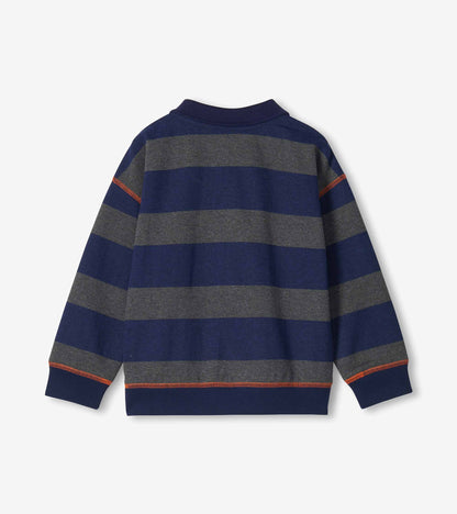 Back view of boys long-sleeve polo shirt with wide navy and charcoal stripes and orange stitching