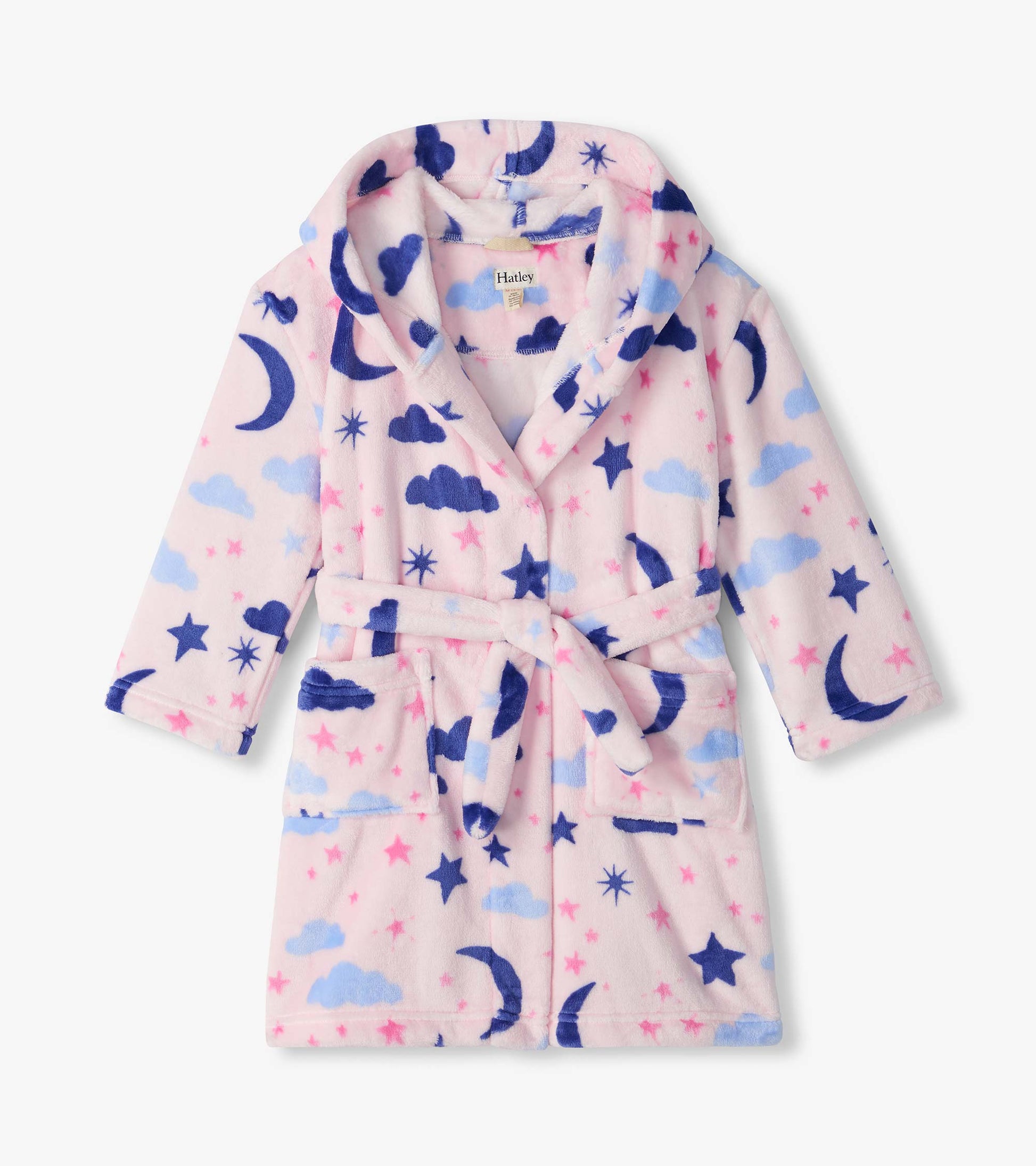 Kids pink robe with shawl collar, tie belt, patch pockets, and moon, star, and cloud print