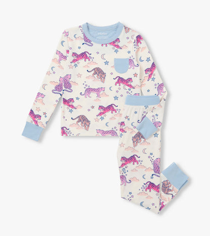 Two-piece girls pajama set with pink tiger and leopard print, blue trim, chest pocket, and matching pants