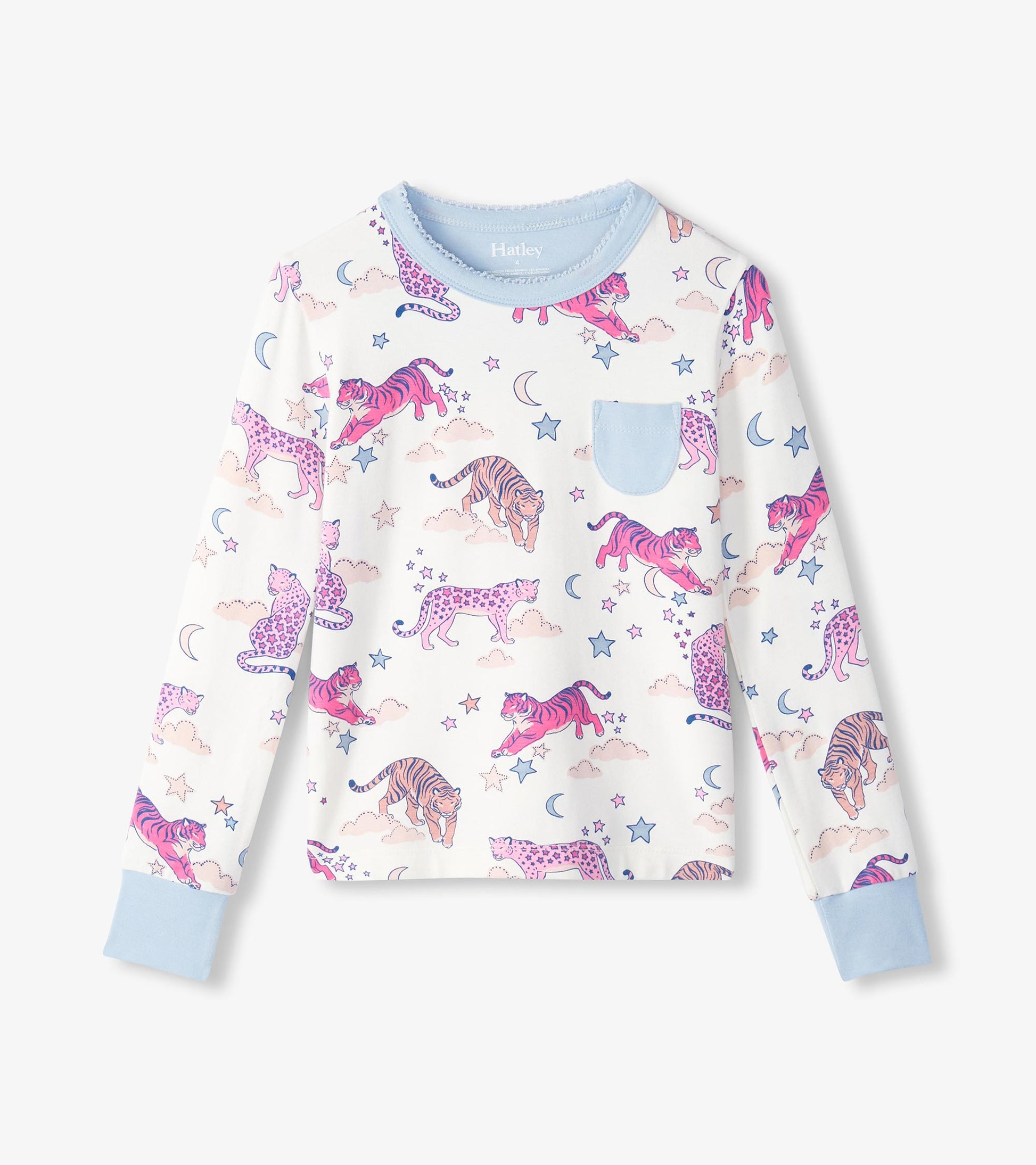 Girls pajama top with pink tiger and leopard print, stars, moons, blue neckline, pocket, and cuffs