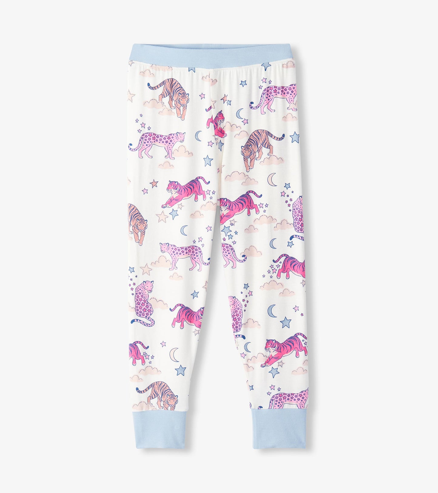 Girls pajama pants with pink tiger and leopard print, stars, moons, blue waistband, and ankle cuffs