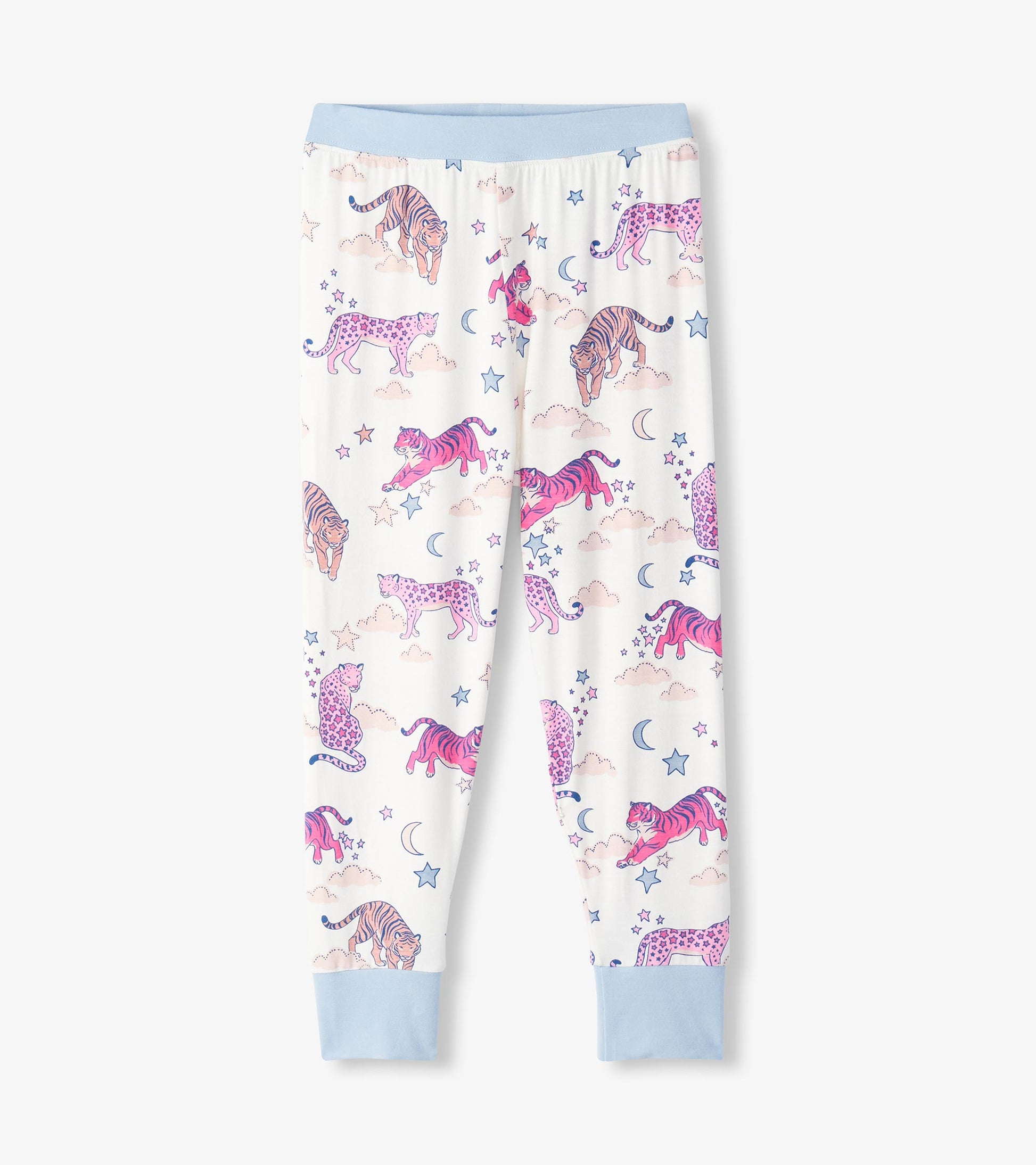 Girls pajama pants with pink tiger and leopard print, stars, moons, blue waistband, and ankle cuffs