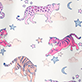 Colorful illustrated big cats with stars and flowers on a white background