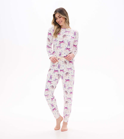 Women's cream tiger print pajama set shown from the front with long sleeves and tapered jogger pants