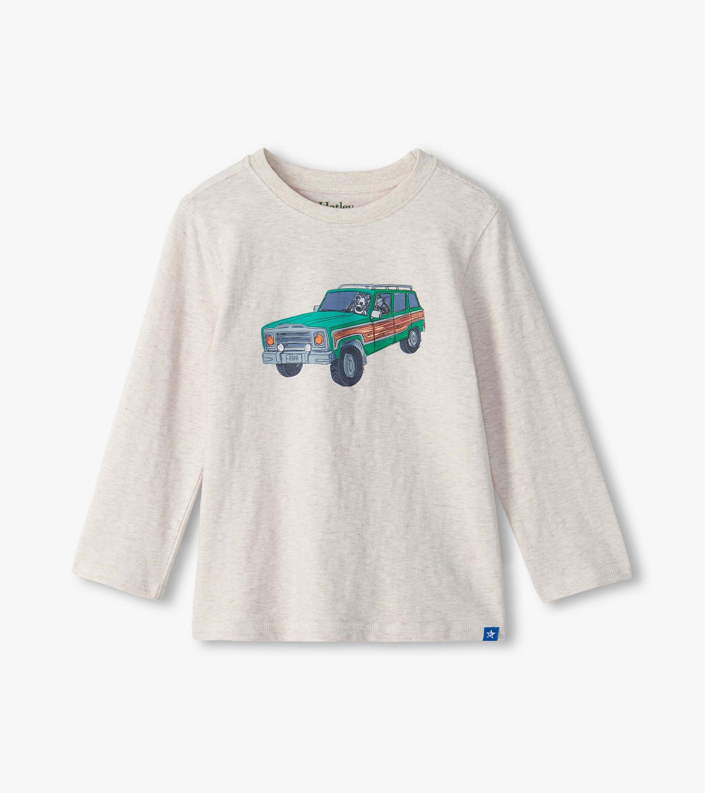 Kids long sleeve crew neck tee in heather beige with a green vintage truck graphic on the front
