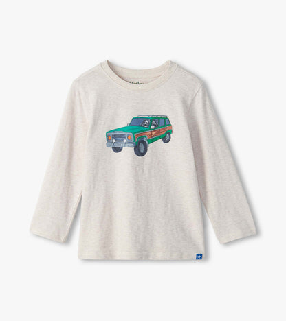 Oatmeal marl long-sleeve boys T-shirt with a green vintage truck graphic and dog driver on the front