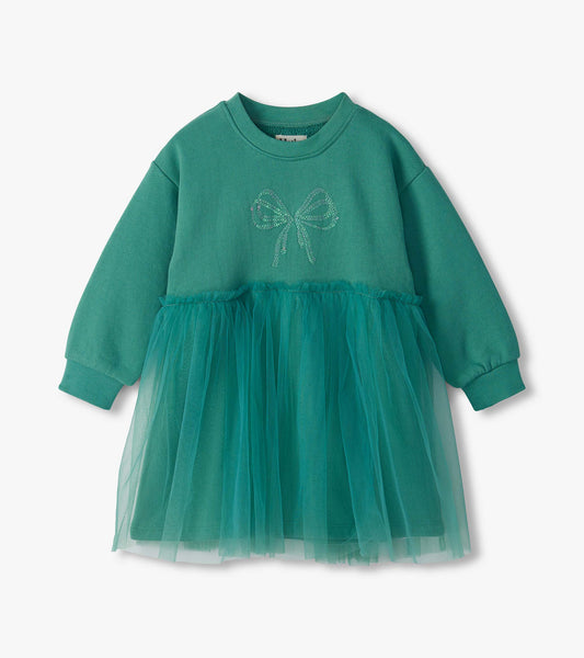 Oil blue long-sleeve infant dress with tulle overlay skirt and bow detail on the chest