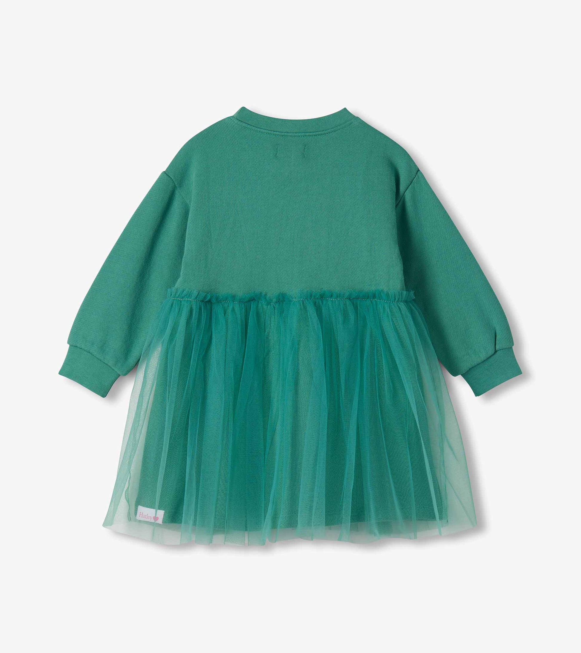 Back view of oil blue toddler dress with long sleeves and layered tulle skirt overlay