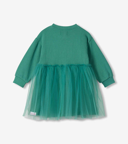 Back view of oil blue toddler dress with long sleeves and layered tulle skirt overlay