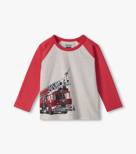 Infant long sleeve raglan tee with red sleeves, heather gray body, and large red firetruck graphic