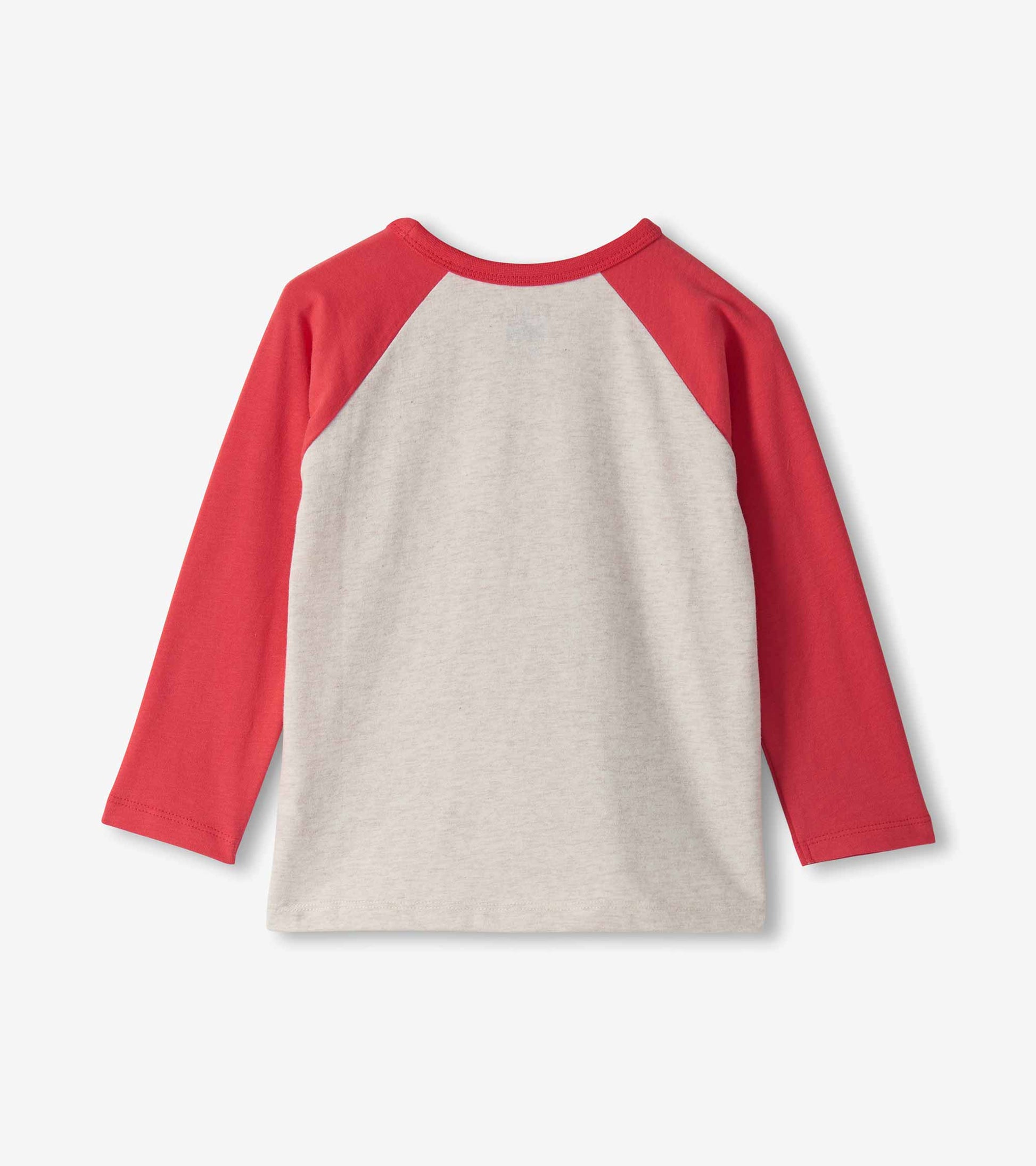 Back view of boys raglan T-shirt with red sleeves and heather gray body