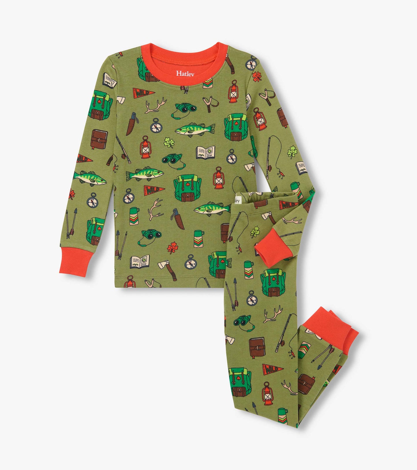 Kids pajama set in olive green with orange trim and outdoor print featuring fish, backpacks, lanterns, and rods