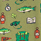 Green fish-themed design with several fish, two red bottles, a folded map, and a green chair on a white background
