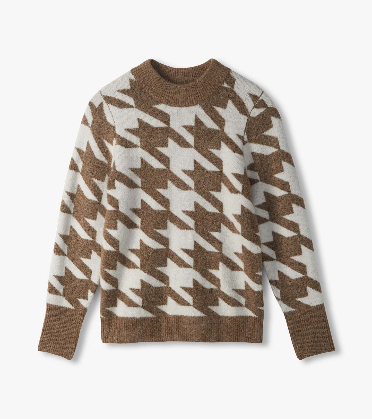 Flat lay of oatmeal and cream herringbone sweater with crew neck and ribbed cuffs and hem