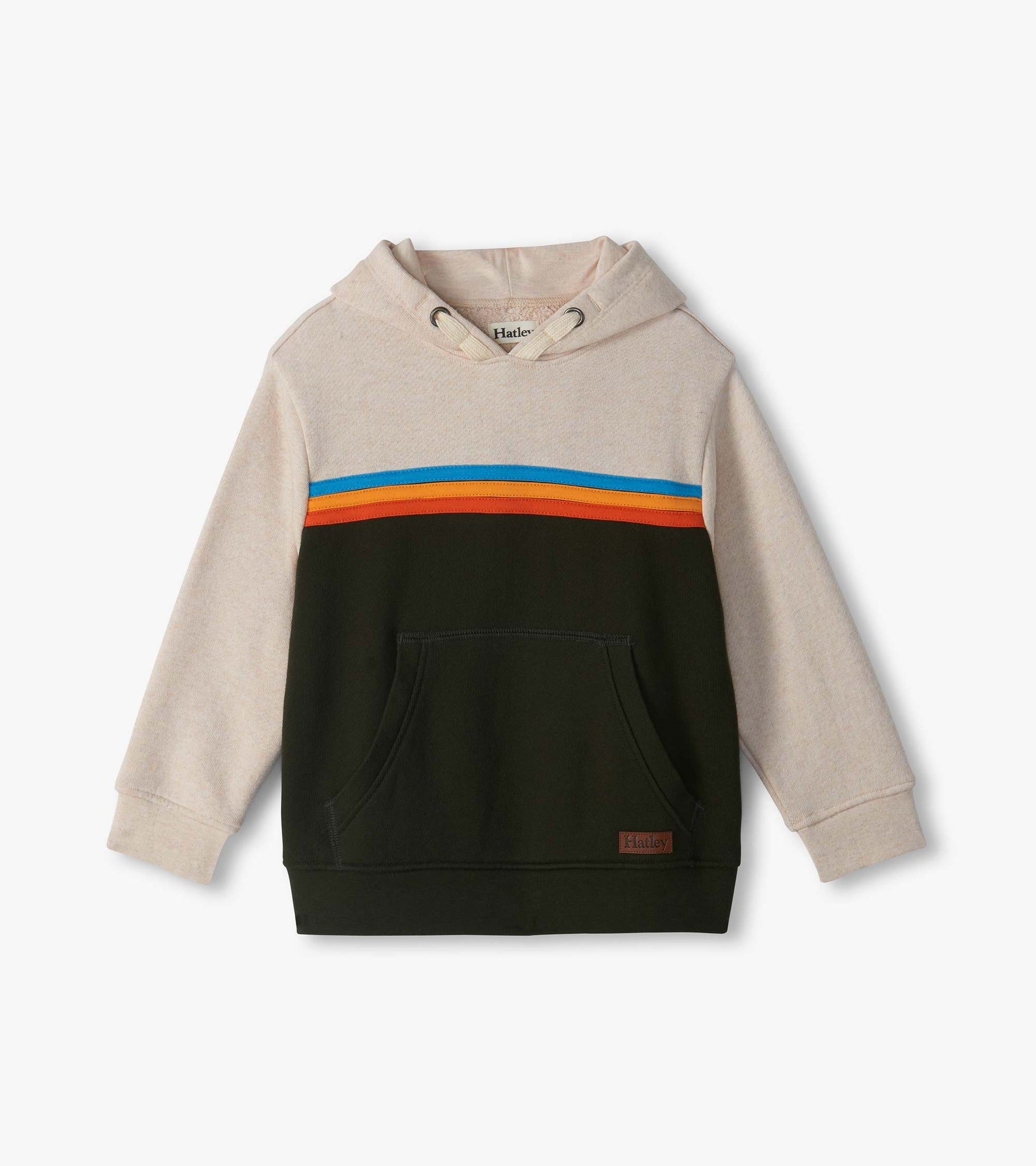 Kids pullover hoodie in oatmeal and black with blue, yellow, and orange chest stripes and front pocket