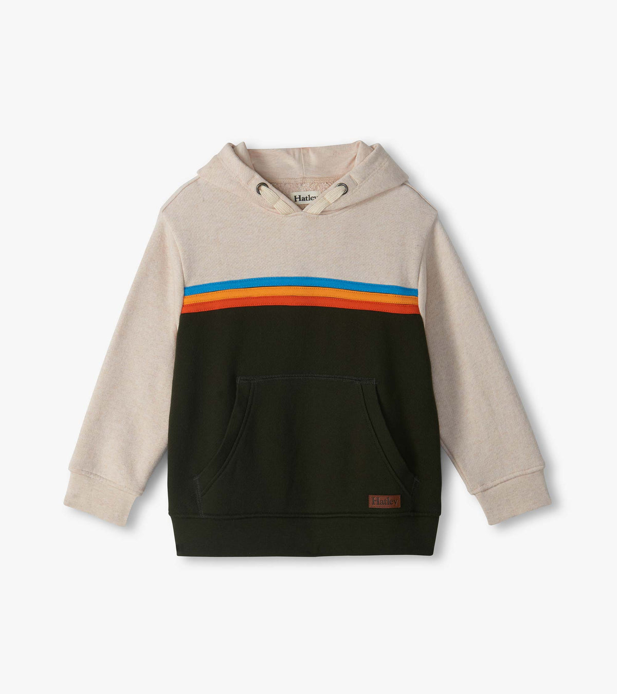 Front view of boys oatmeal and dark green pullover hoodie with chest stripes and kangaroo pocket