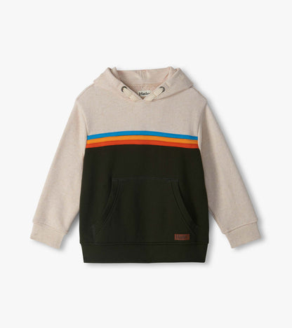 Front view of boys oatmeal and dark green pullover hoodie with chest stripes and kangaroo pocket