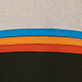Curved blue and orange stripes above a black area on a beige background