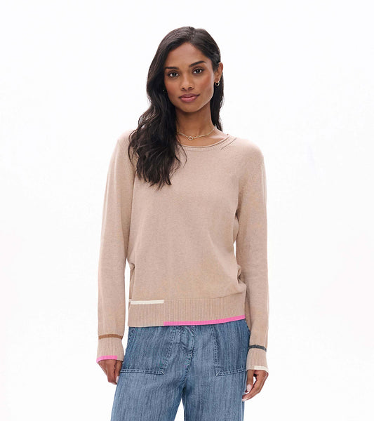 Front view of oatmeal crew neck sweater with pink, white and gray stripe accents at hem and cuffs