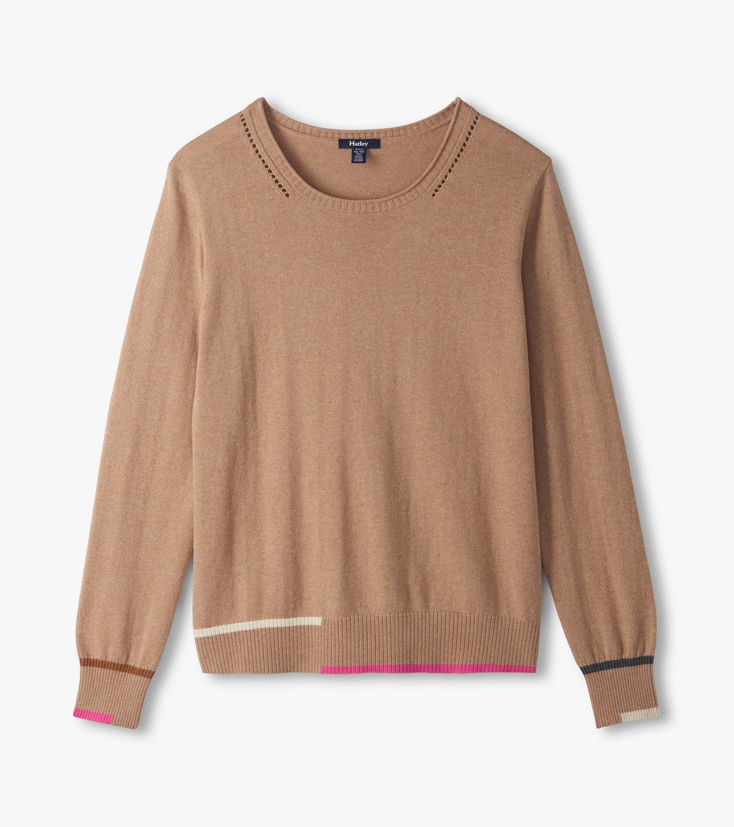 Flat lay of oatmeal crew neck sweater with small cutout detail and pink, white and gray trim