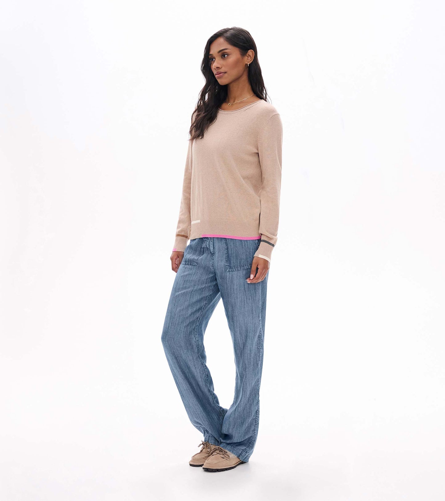 Side front view of oatmeal crew neck sweater with pink hem stripe and contrast cuff trim