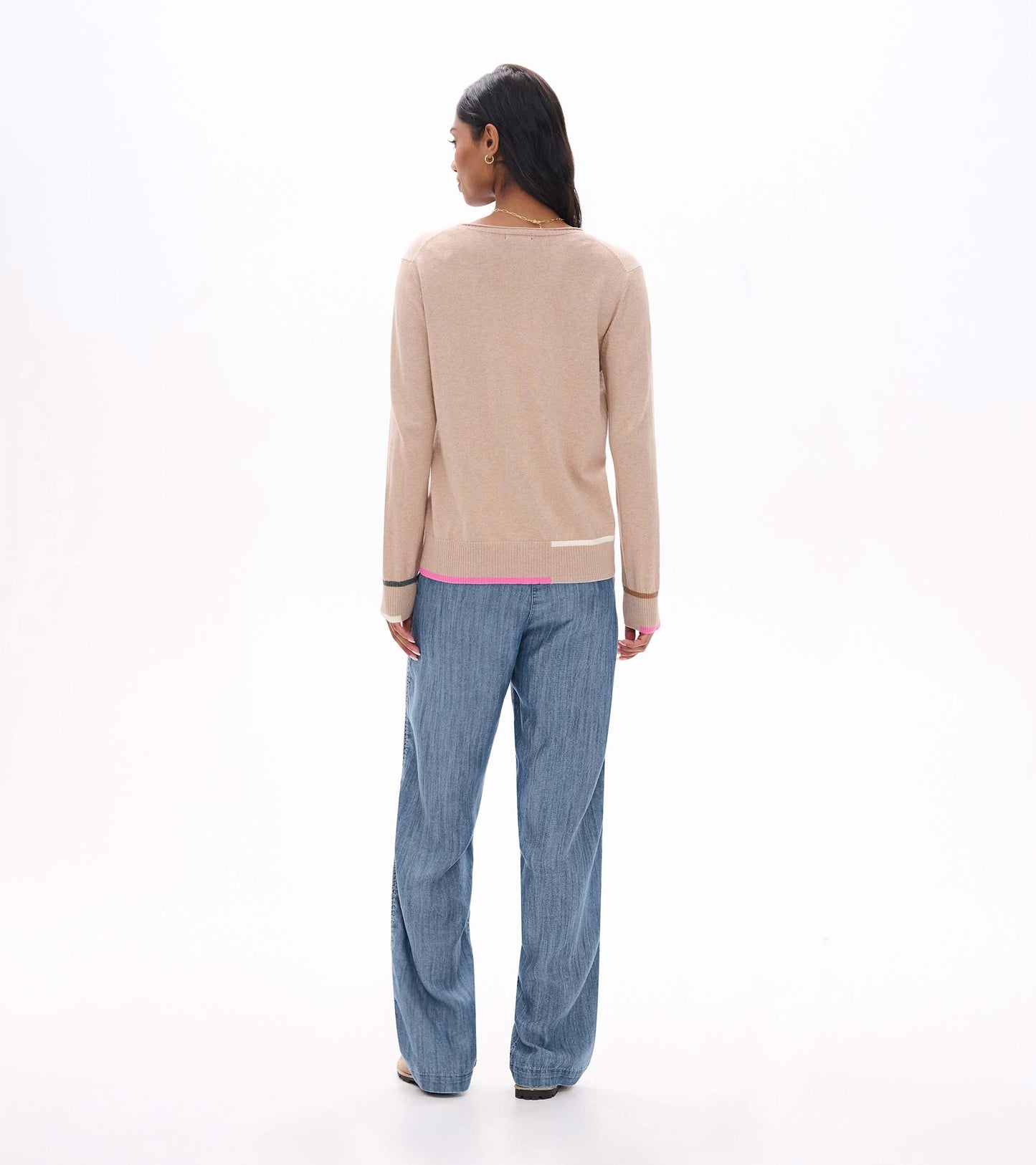 Back view of oatmeal crew neck sweater with pink hem stripe and contrast cuff trim