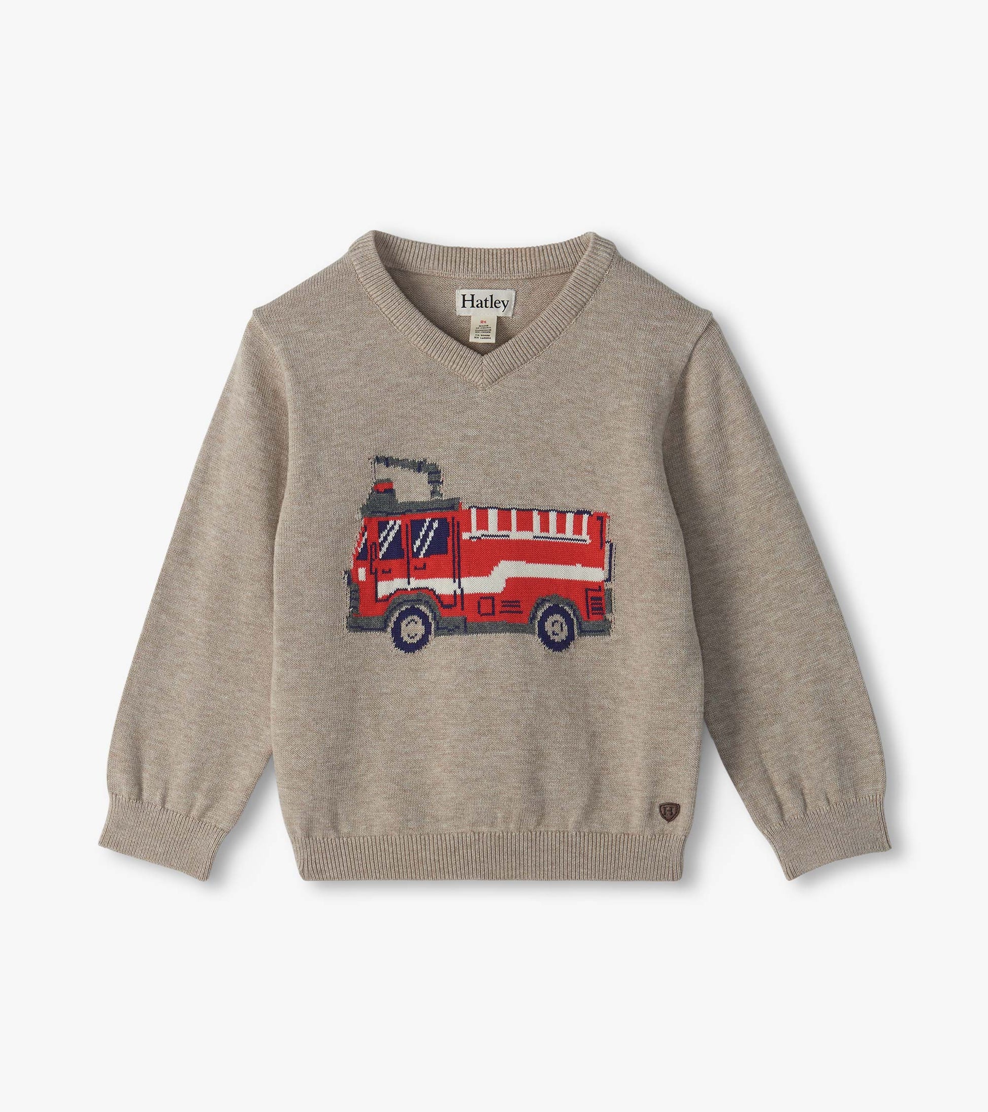 Kids beige V-neck sweater with a red firetruck graphic on the front