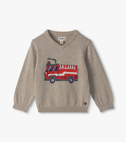 Front view of oatmeal marl boys V-neck sweater with red firetruck graphic and long sleeves