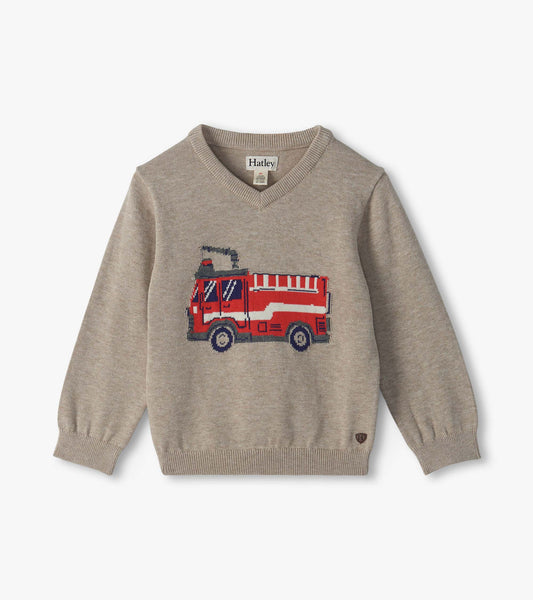 Kids beige V-neck sweater with a red firetruck graphic on the front