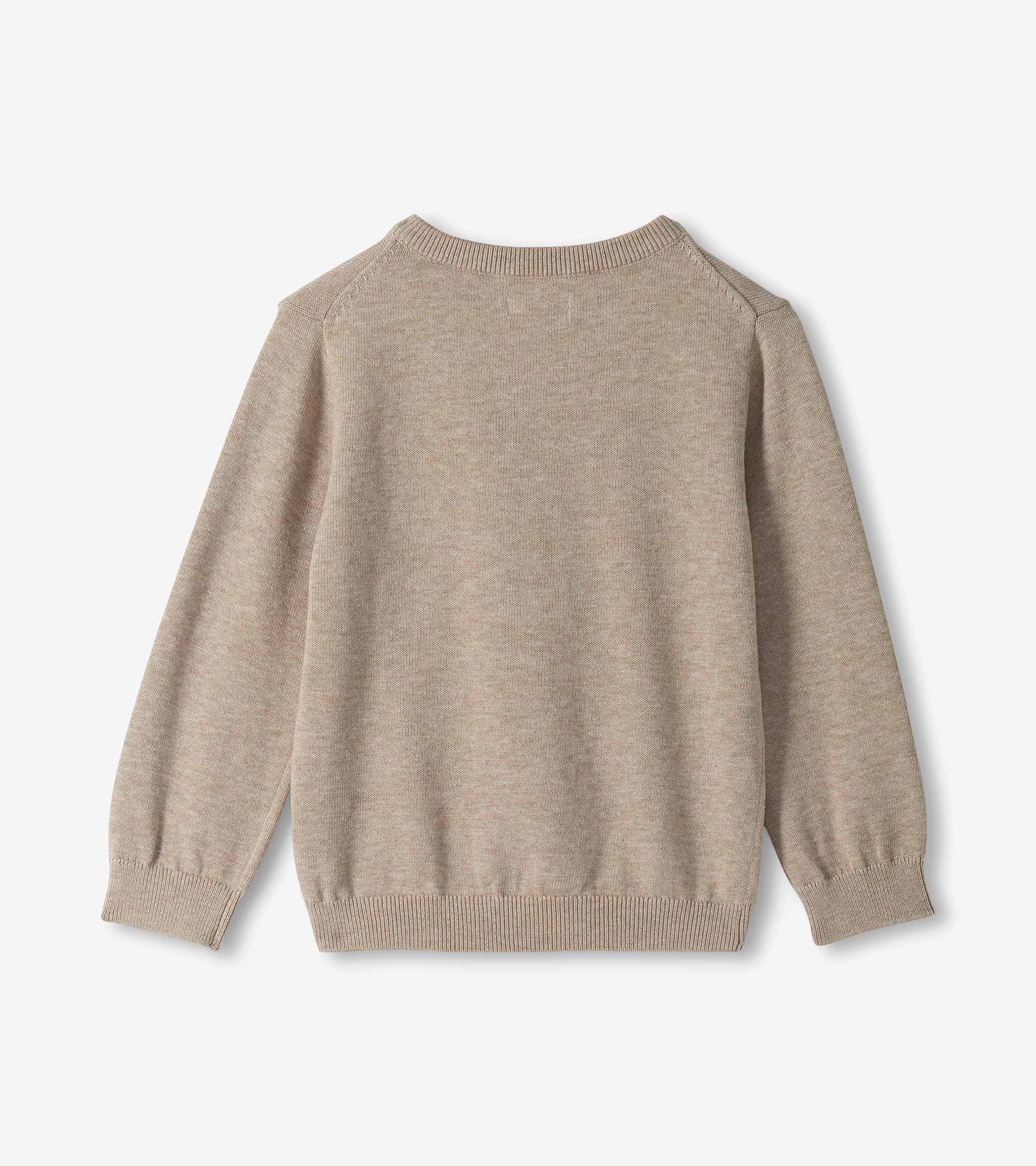 Back view of oatmeal marl boys V-neck sweater with long sleeves and ribbed hem