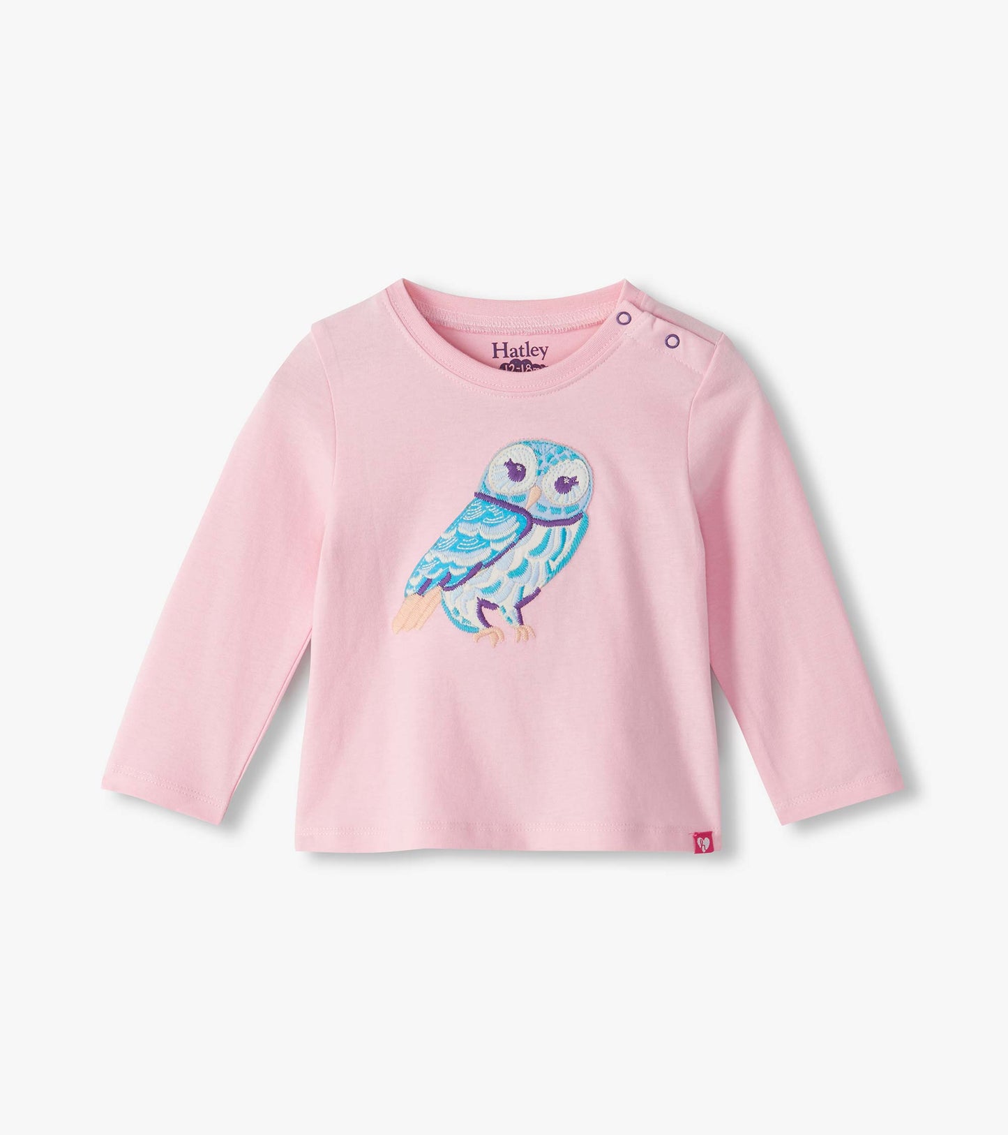 Pink long-sleeve infant tee with blue and purple owl graphic and shoulder snaps, front view