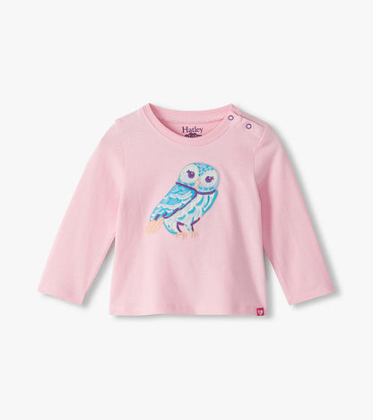 Pink long-sleeve infant tee with blue and purple owl graphic and shoulder snaps, front view