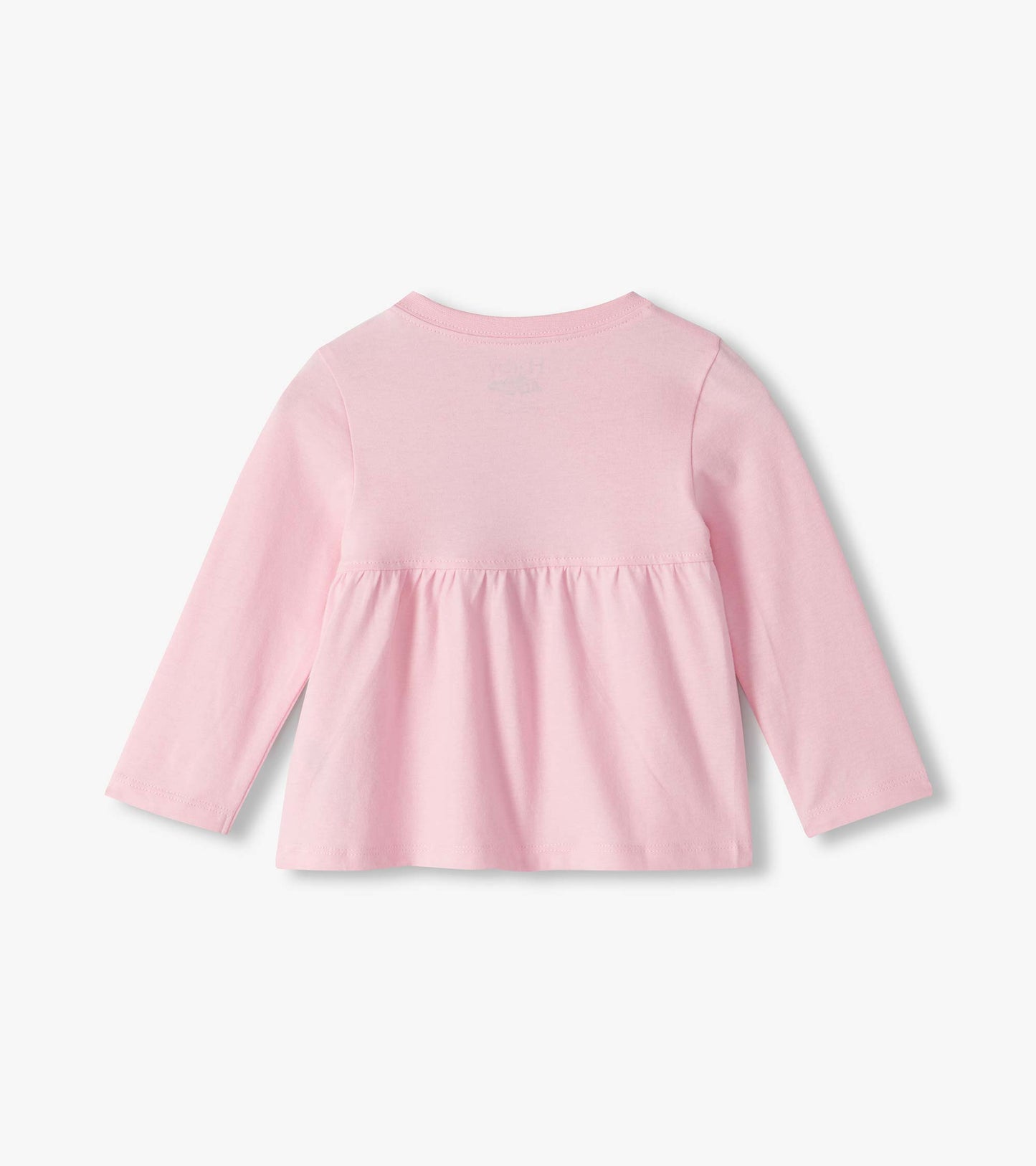 Pink long-sleeve infant tee with gathered back yoke, back view