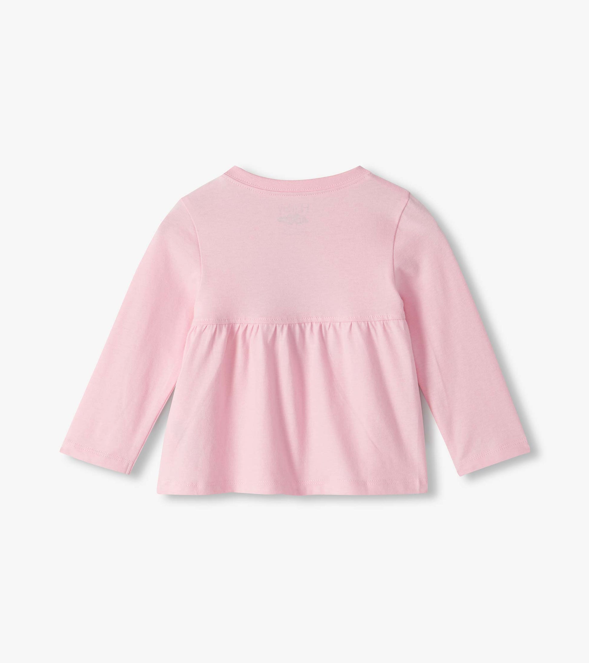 Pink long-sleeve infant tee with gathered back yoke, back view