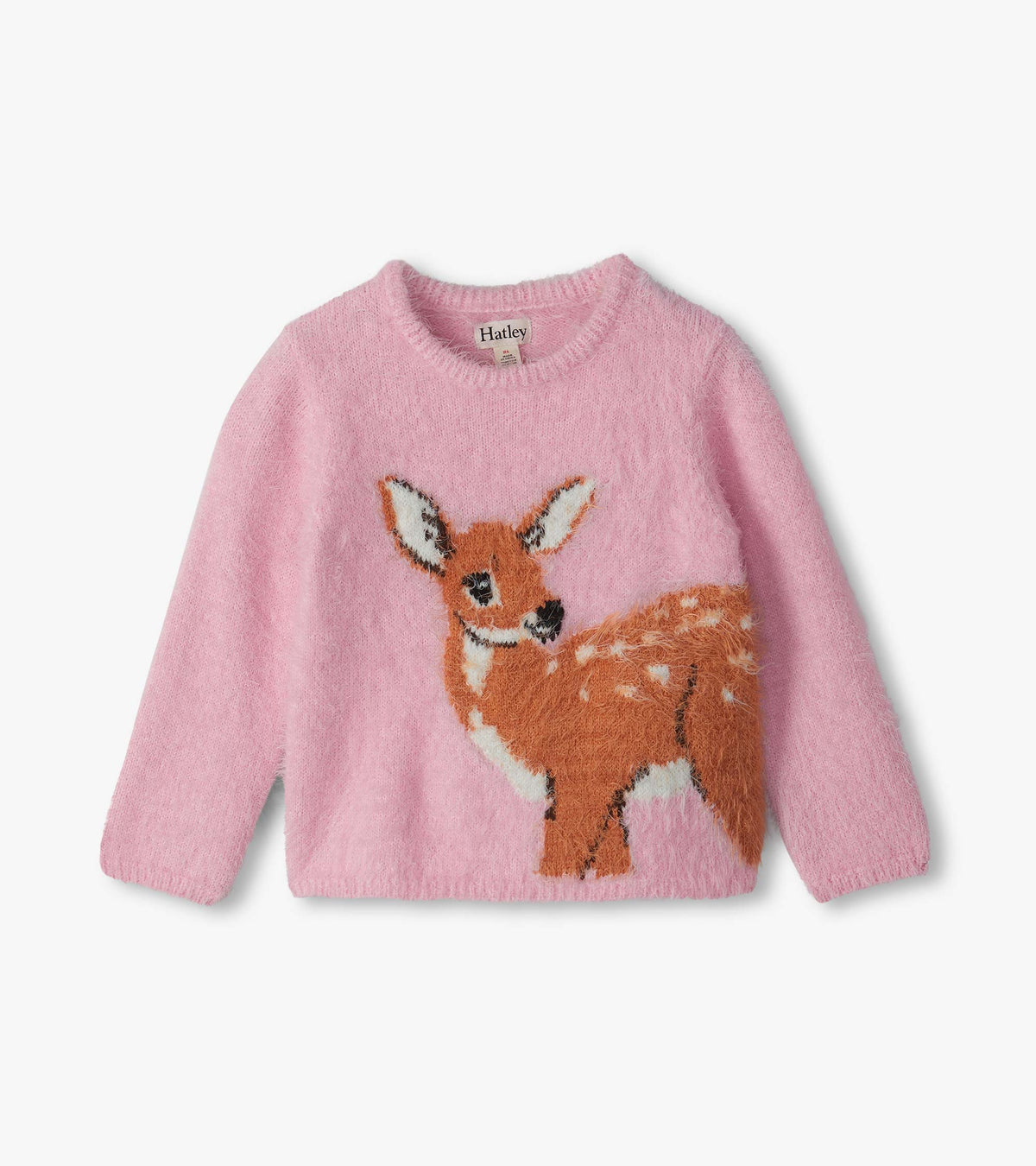 Pink long sleeve sweater with a large fawn graphic on the front